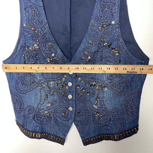 Armand Ventilo Embellished Denim Vest Studs Rivet Beads Applique Western Boho - Picture 12 of 16